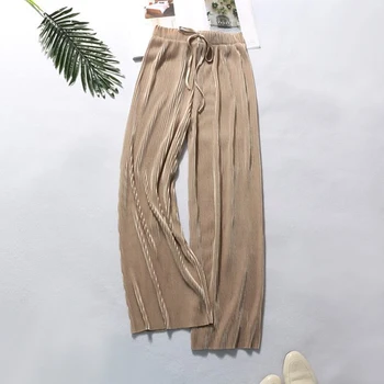 

Plue Size Pants Korean Ankle-Length Pants Fashion Casual Pants Solid Color Wide Leg Female Summer High Waist Chiffon Women Pant