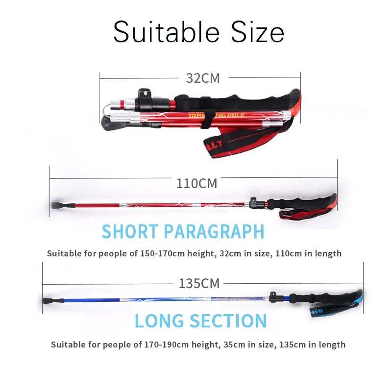 1 psc Folding Trekking Pole Shock Hiking Walking Trekking Trail Poles Stick Adjust Canes 5-Sections Telescopic Lock Hiking Canes