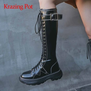 

Krazing Pot korean girls genuine leather coolest round toe med square heels young lady high fashion catwalk thigh high boots L02