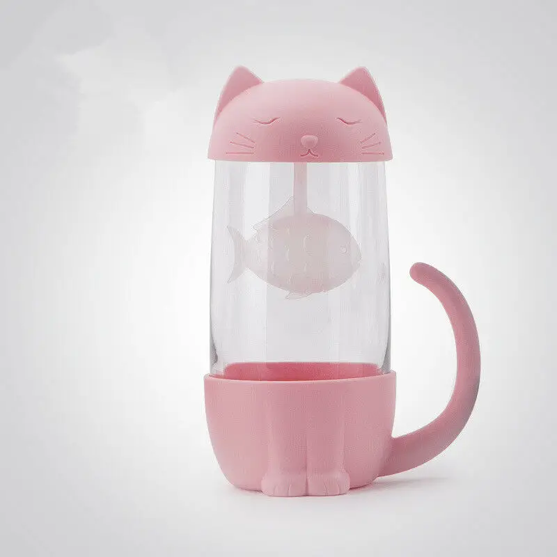 Pink Милая кружка для чая с кошачьим стеклом, фильтр для заварки рыбы, домашние офисы, кувшин, фильтры для воды 280 мл - Цвет: Pink