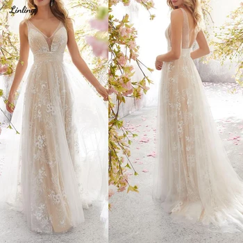 

LINLING New Arrival 2020 Cheap Long White Dress For Marriage Lace Wedding Dresses For Women