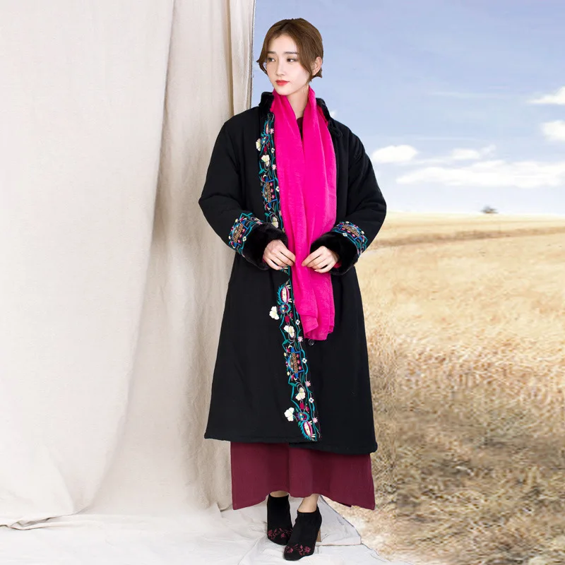 

2019 Winter New Style Ethnic-Style WOMEN'S Dress Retro Embroidered Loose And Plus-sized Cotton-padded Clothes Mid-length Thick C