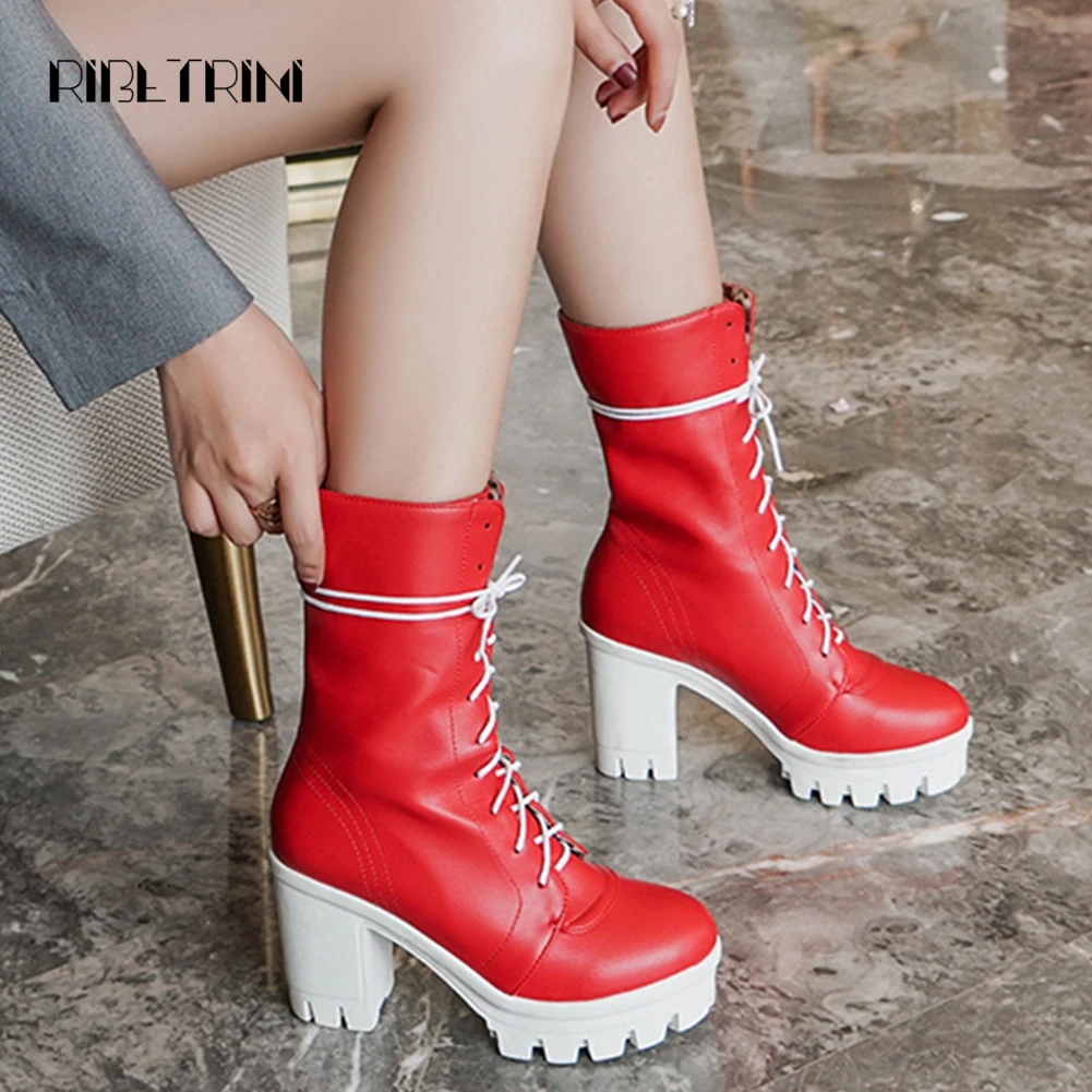 

RIBETRINI Hot Sale Platform Mid Calf Boots Woman Shoes Chunky High Heels Lace Up Add Fur Autumn Winter Shoes Woman Boots