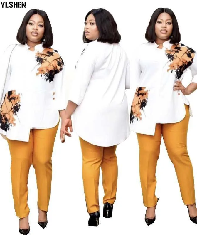 African Women Sets Print Long Sleeve Blazer T-shirt Pants Suits Office Lady Elegant 2 Piece Set Business Outfits Africa Clothing 10