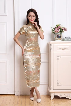 

Slim Sexy Women Party Prom Dress High Split Short Sleeve Summer New Cheongsam Vestidso Knit Dragon Gold Mandarin Collar Qipao