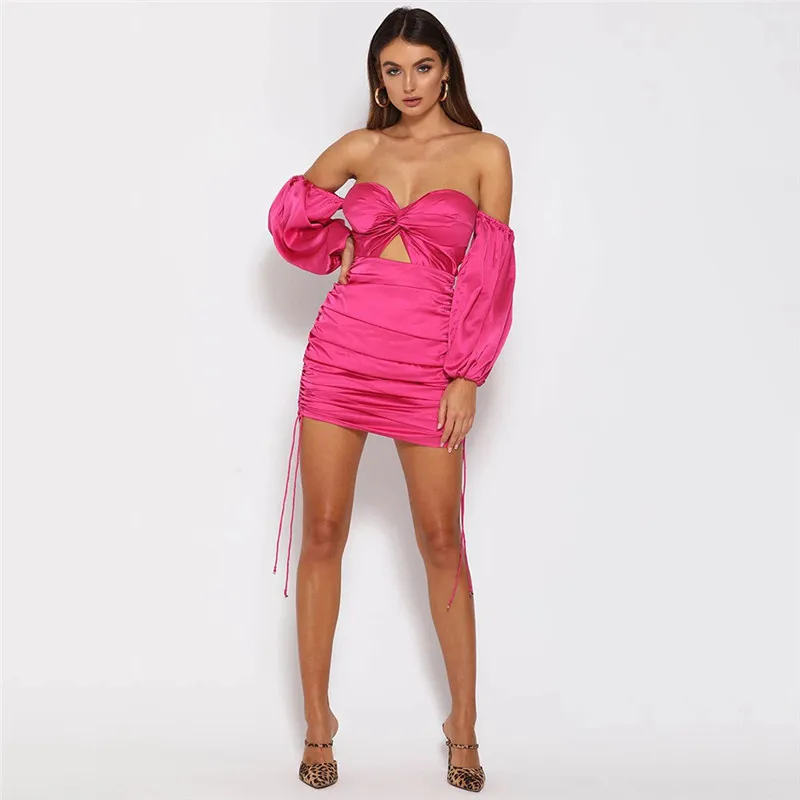 Hugcitar/, сексуальное розовое мини-платье с длинными рукавами, пышными рукавами, с атласным вырезом, осенне-зимние женские вечерние платья, элегантная гофрированная одежда