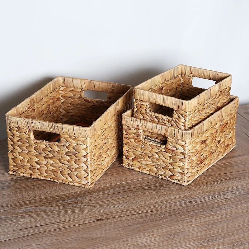 En Ligne Paille naturelle rectangulaire panière de rangement pour bureau fil poignées décor Seagrass tissé osier panier organisateur étagères mx01171052
