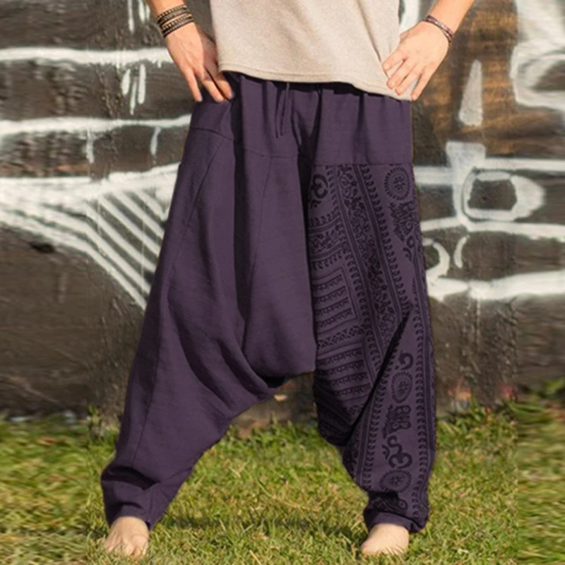 Новинка, M-5XL, для мужчин, Boho, мешковатые, хиппи, с заниженным шаговым швом, летние, для мужчин, шаровары, повседневные, с эластичной резинкой на талии, брюки, пять цветов
