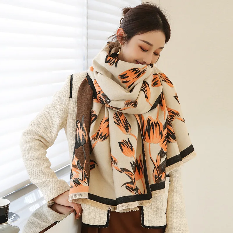 

Winter Scarf For Women 2021 Fashion Foulard Cashmere Pahmina Autumn Flower Printed Thick Warm Shawl Female Tassel Neck Wraps