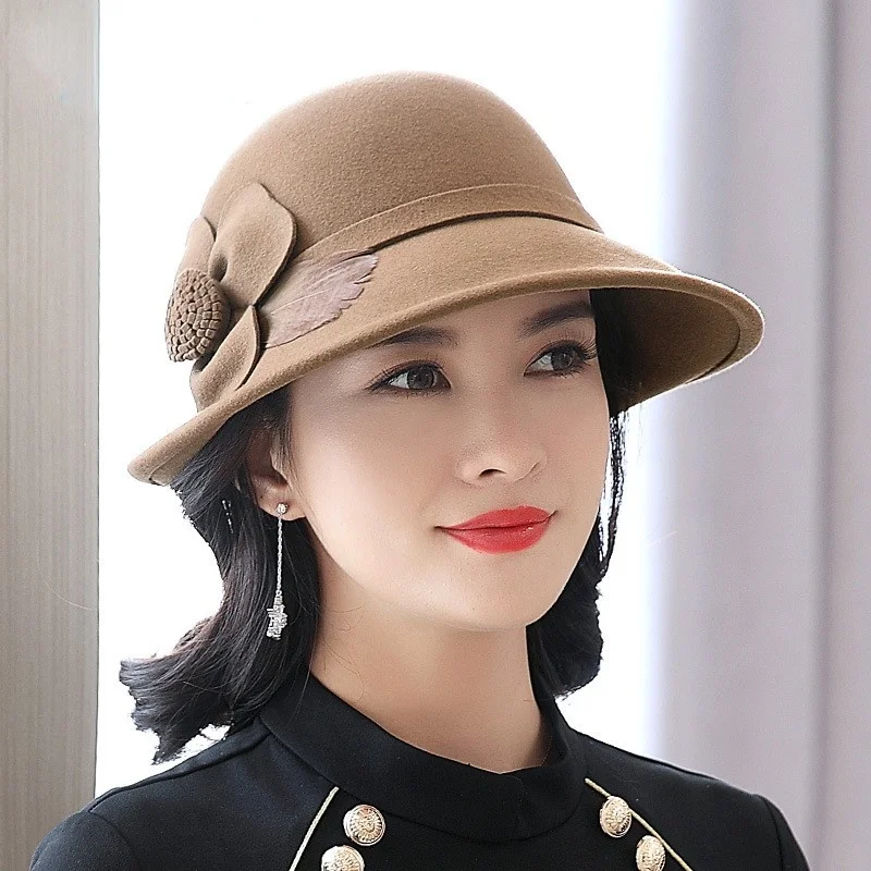Hepburn Style Australia Wool Hat Woman Flower Cloche Cap Lady Felt Fedora