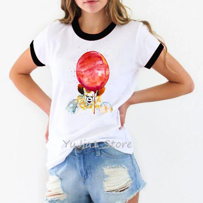 Horror IT рубашка по мотивам фильма женщины Стивен Кинг клоун Pennywise печать Хэллоуин Женская футболка лузер lover футболка Базовая футболка - Цвет: Y92425 B