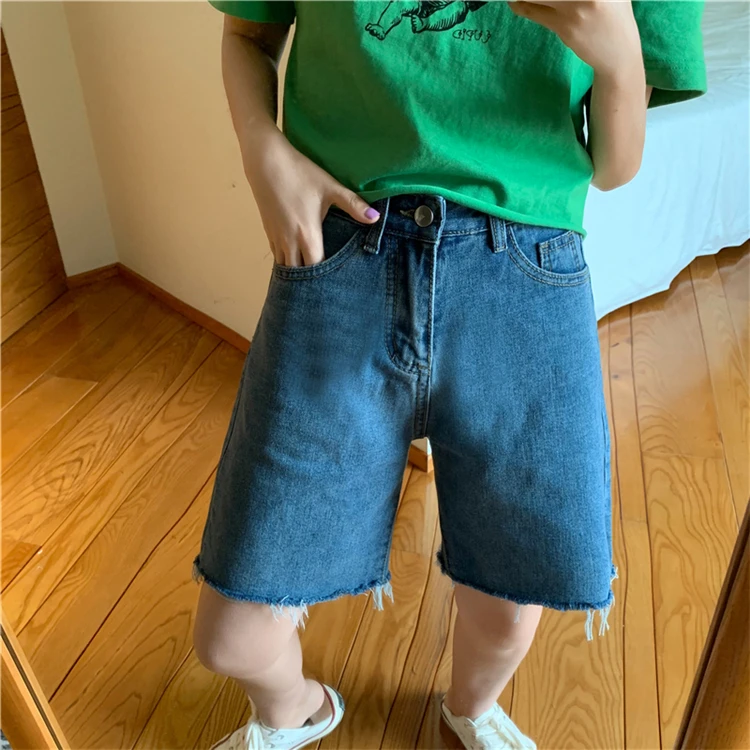 Pengpious summer new loose denim shorts frayed hem high waist for school girls sweet short jeans