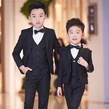 Торжественный костюм для мальчиков на свадьбу, детские костюмы на выпускной, черный/синий свадебные костюмы для мальчиков, смокинг, комплект детской одежды, деловой костюм для мальчиков