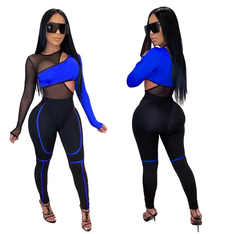 blue jumpsuit Adogirl/цветной лоскутный комбинезон из прозрачной сетки с повязкой; комплект из 2 предметов; повседневный комбинезон с длинными рукавами; Спортивный костюм; Клубные боди - Цвет: blue jumpsuit