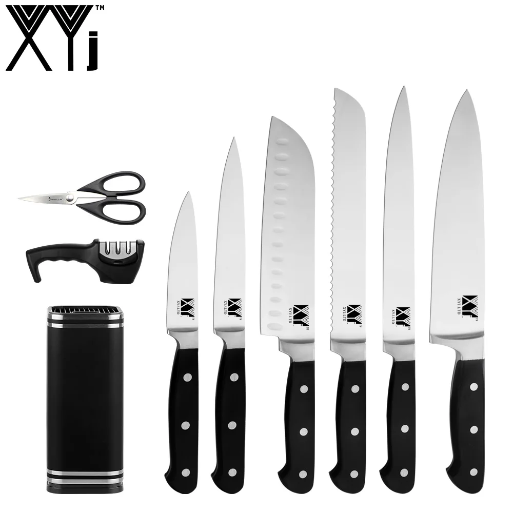 A.9PCS SET XYj 9 шт. набор кухонных ножей инструмент заточка для ножниц 8 ''подставка для ножей шеф-повара нож для нарезки хлеба Santoku нож для очистки овощей инструмент для приготовления пищи - Цвет: A.9PCS SET