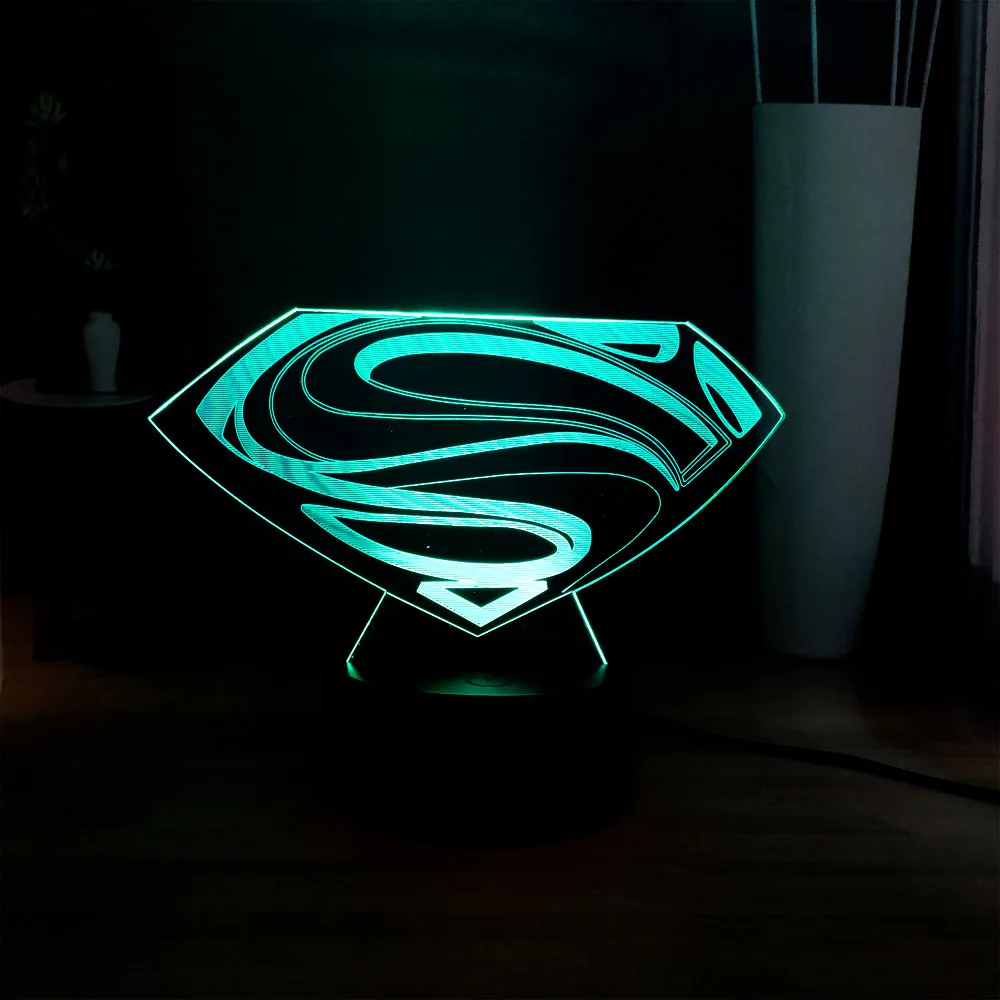 Светодиодный Ночной светильник с логотипом Супермена, символ Marvel, RGB, многоцветная USB, мини-Сенсорная 3D визуальная настольная лампа, вентиляторы фильмов, Подарочная игрушка