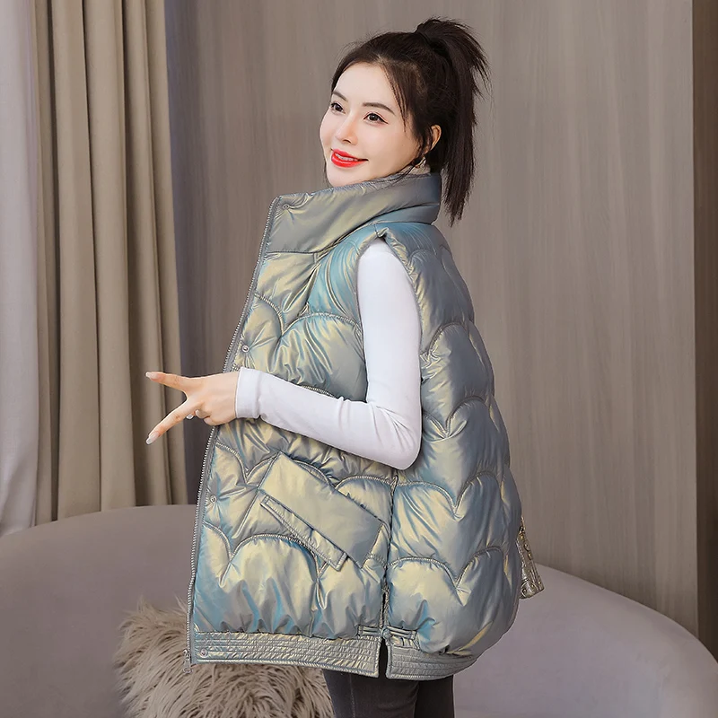 

Shiny Winter Vest Loose Women Zipper Stand Collar Pockets Ladies Causal Sleeveless Jacket Waistcoat for Female 2021 Women Vest