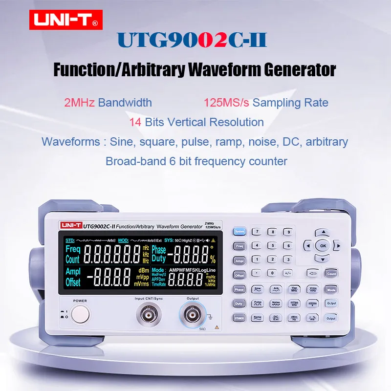 

Function/Arbitrary Waveform Generator UTG9002C-II 1 Channel 2MHz Bandwidth 125MS/s 14 bits Vertical resolution EBTN LCD screen