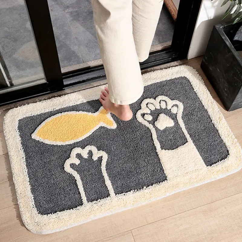 

Cute Cartoon Cat Paw Fish Print Door Mat High Low Fluffy Plush Bathroom Absorbent Non-Slip Foot Pad Entryways Thick Floor Carpet