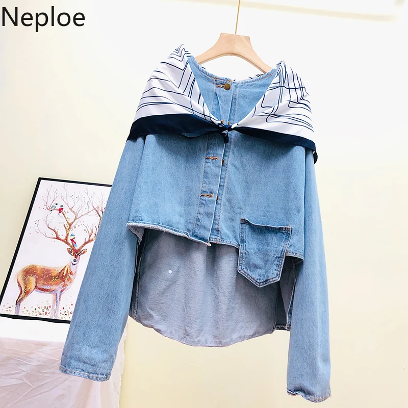 Neploe джинсовая куртка Женский Свободный корейский Шелковый шарф Paychwork Casaco Feminino дикий короткий студенческий осенний абриго Mujer 46089