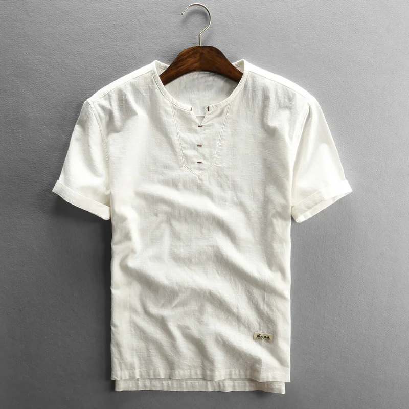 

Топ Мужская футболка, летняя хлопковая льняная футболка, мужская одежда размера плюс, белая футболка, повседневная одежда 2020 KJ5790