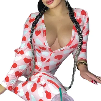 

Sexy Women Bodysuit Long Sleeve Deep V Neck Bodycon Print Leotard Button Romper Long Pants Pajamas Women Jumpsuit Overalls