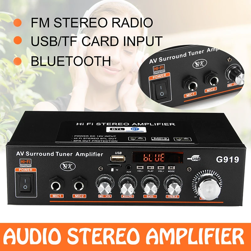 US $21.76 12V220V 360W G919 Mini Amplificador Audio Bluetooth Stereo Power Amplifier FM SD HIFI 2CH AMP Audio Music Player For Car Home