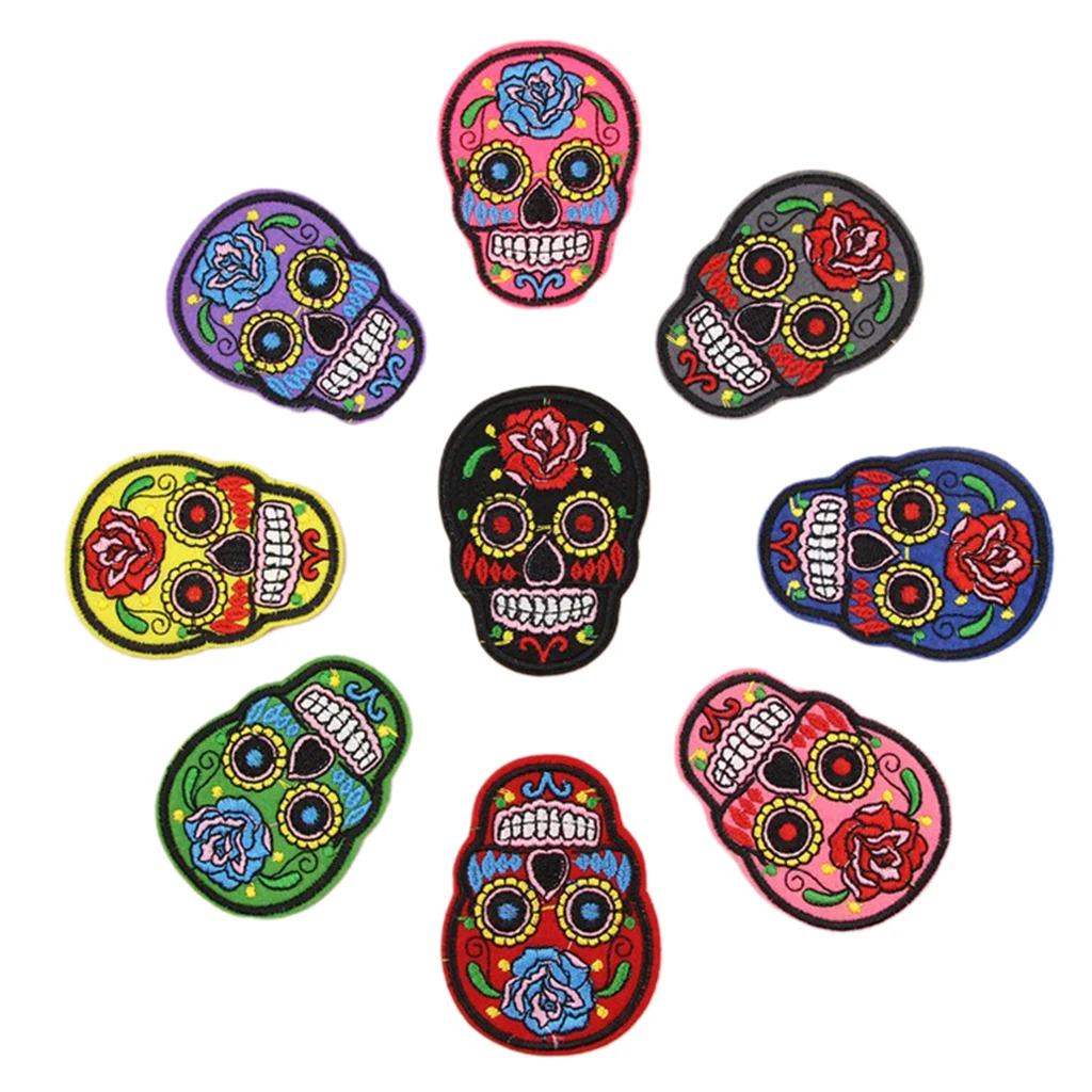 8x Skull Pattern Patch Fabric Garment Applique Embroidery, Handcraft Sewing Accessories Clothing Stickers Sew-on Patches