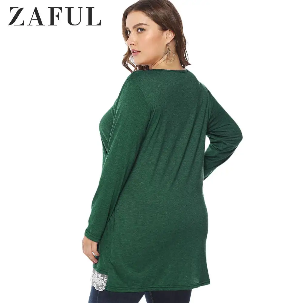 ZAFUL плюс Размеры крест-накрест с длинным рукавом туника-безрукавка вышивка украшение футболки Повседневное твердые топы на осень для Для женщин