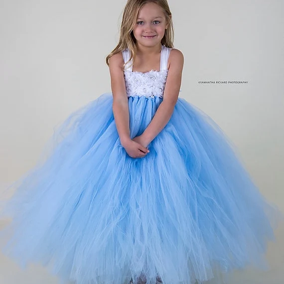 Little Girls Blue Tutu Dress Kids Crochet Tulle Ball Gown with White Shabby Flowers Children Birthday Party Costumes | Детская одежда и