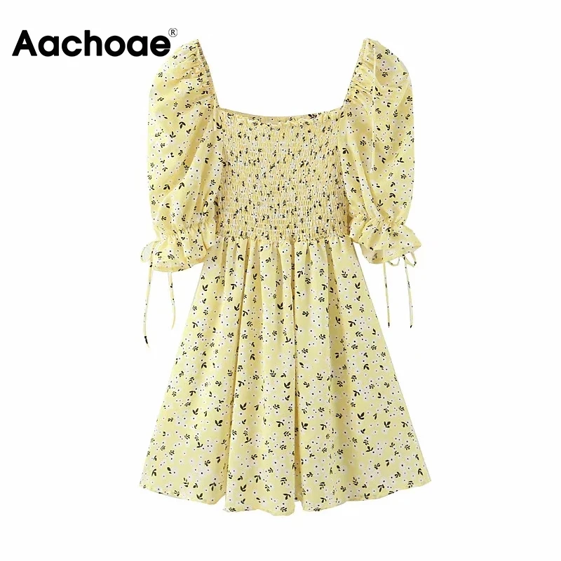 Aachoae Sweet Floral Print Mini Dress Women Elegant Bow Tie Stretch Pleated Dresses Square Collar Short Sleeve Party Dress Aachoae Sweet Floral Print Mini Dress Women Elegant Bow Tie Stretch Pleated Dresses Square Collar Short Sleeve Party Dress