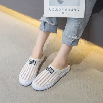 

Lace Breathable Flat Mules Shoes Women Half Slippers Summer Closed Toe Flat Sandals Women Outdoor Casual Slippers 2020