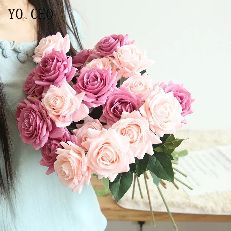 YO CHO Artificial Rose Pink Wedding Flower Branches 42cm Artificial Flower Silk Rose Flower Home Decoration Fake Flowers Wedding