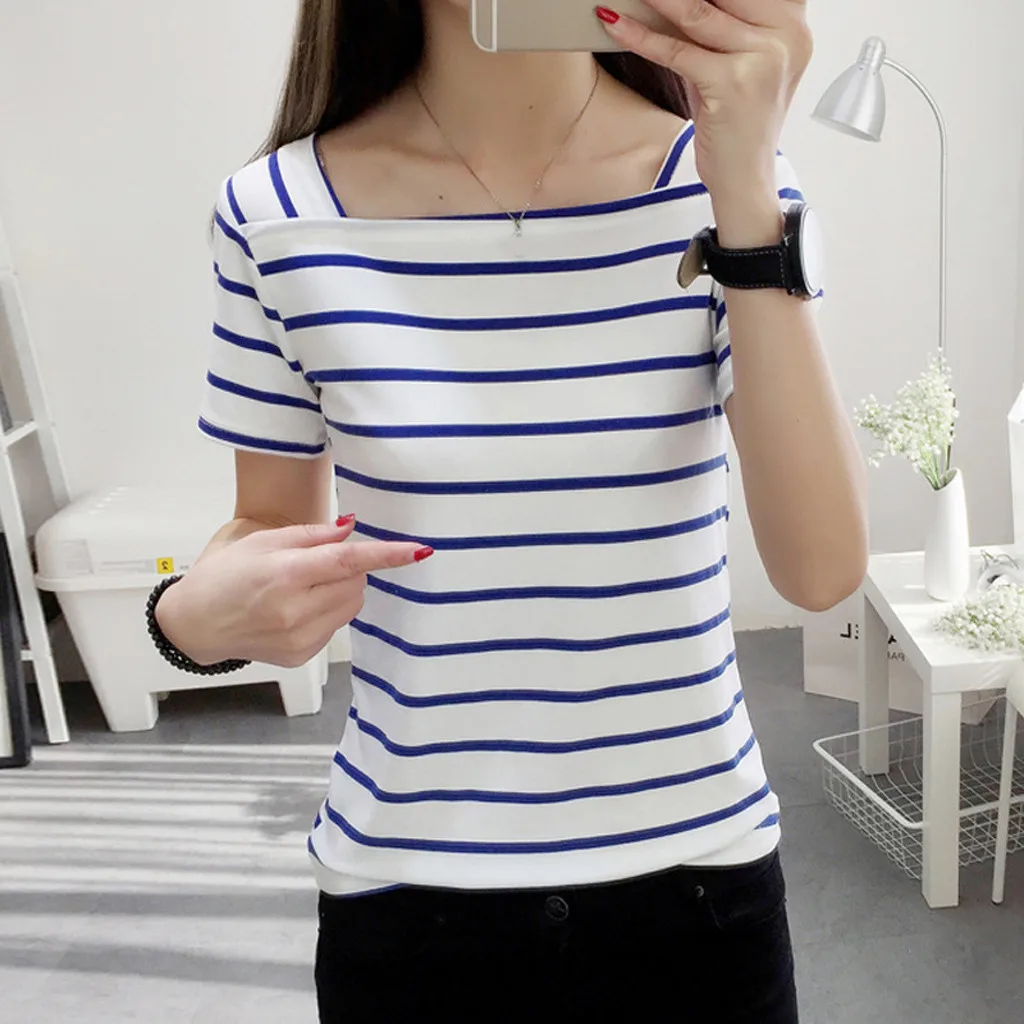 Красивая летняя полосатая VogueTshirt для женщин с коротким рукавом, Облегающая рубашка с квадратным вырезом, женская уличная одежда