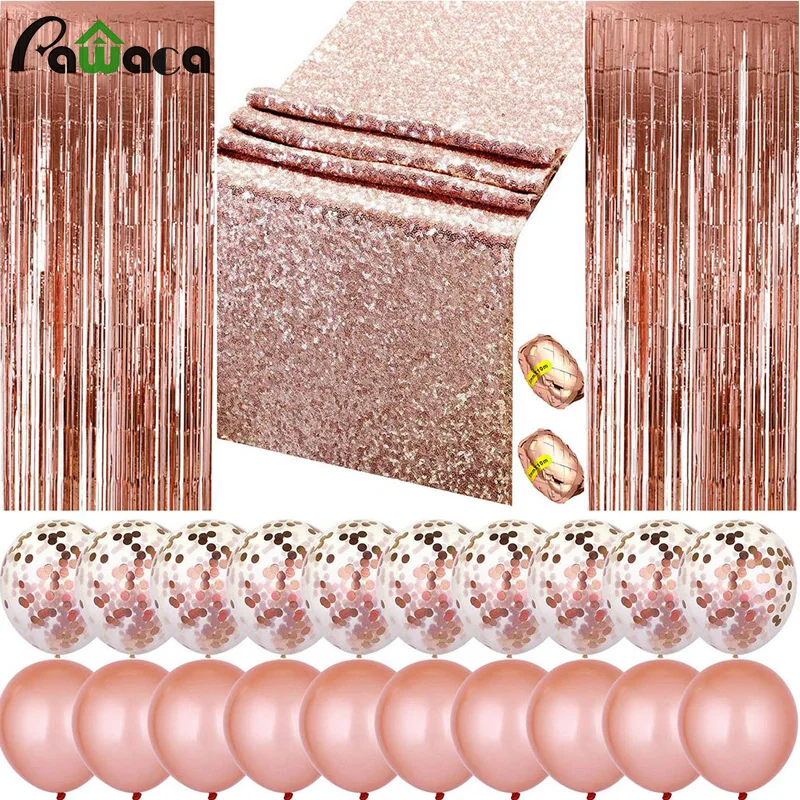 

25pcs/set Rose Gold Sequin Confetti Balloon Latex Balloon Foil Fringe Door Curtains Sequin Table Runner Wedding Party Decoration