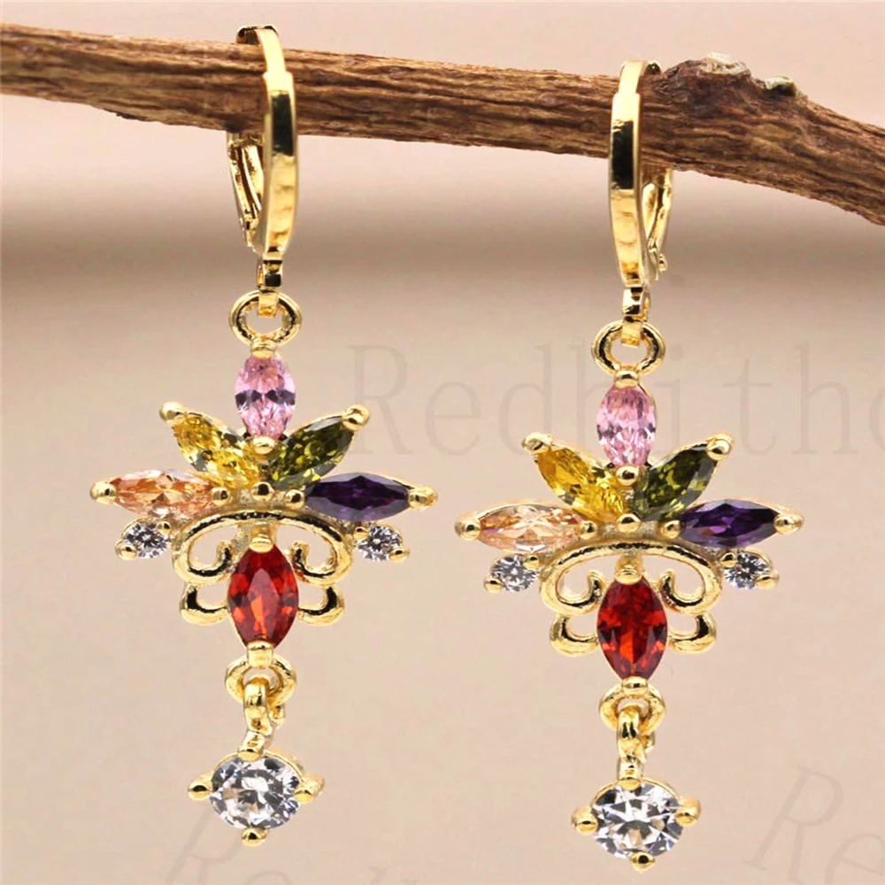 

New Vintage Drop Earrings Gold Filled Teardrop Lotus Flower Rainbow Zircon For Women's Dangle Earrings Wedding accessories Gift