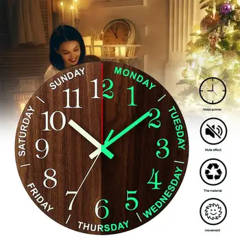 

Round Luminous Wall Clock Wooden Silent Non-ticking Night Light Creative Living
