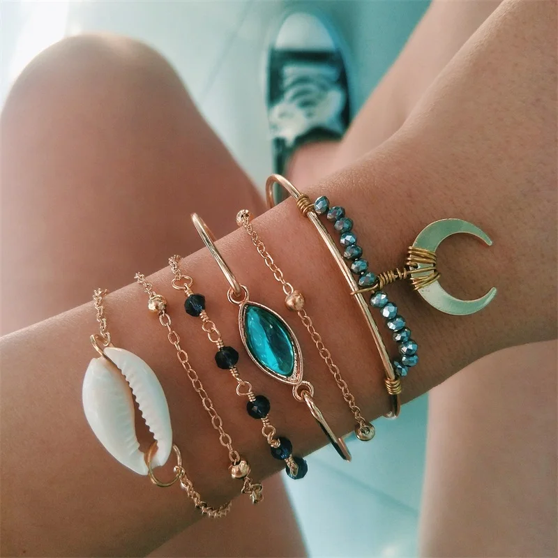 

6 Pcs/ Set Boho Bangle Eyes Heart Moon Black Bead Chain Open Gold Bracelet Personality Multilayer Party Jewelry Women Bracelets