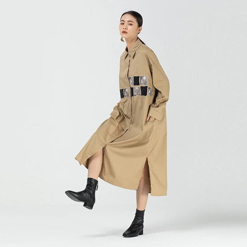 XITAO Vintage Irregular Embroidered Trench Coat for Women Loose Plus Size Long Sleeve Single-breasted Windbreaker Autumn XJ5093