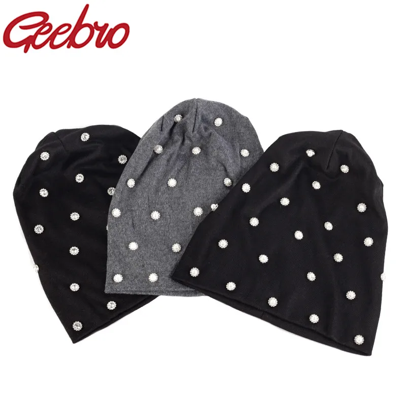 

Geebro Women New Fashion Soft Floral Pearls Beads Wide Brim Caps Female New Autumn Caps Ladies Cotton Vacation Beanies Bonnet