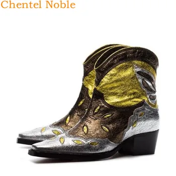 

New Genuine Leather Suede Women Ankle Boots Sexy Pointed Toe Slip On Cowboy Women Boots Shoes Women Motorcycle Shoes Chunky Heel