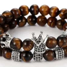 8mm 2PCS/Set yh4 elastic adjusted nature Tigereye bead micro pave cz zircon cubic zirconia Crown Charm Bracelet