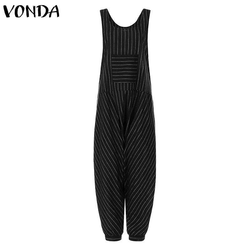 Костюмы, женские комбинезоны VONDA винтажный детский летний полосатый сарафан костюмы для подвижных игр свободного кроя богемный комбинезон Femme брюки плюс размер - Цвет: Black