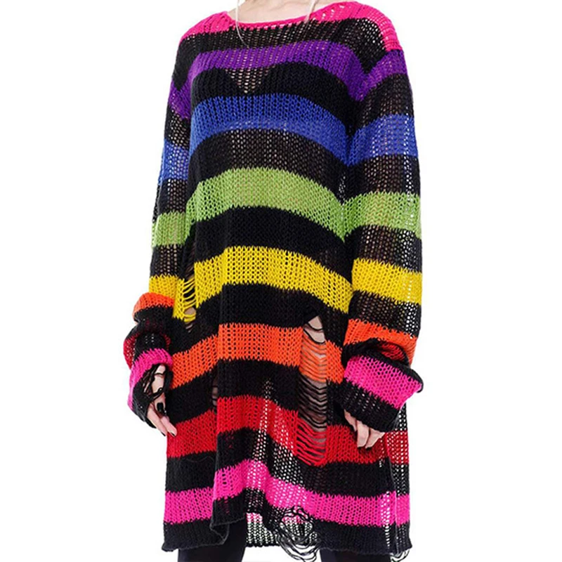 blue sweater Punk Gothic Knitted Tops Long Sleeve Halloween Hollow Out Hole Broken Jumper Loose Thin Sweater Streetwear Women Striped Clothes black cardigan