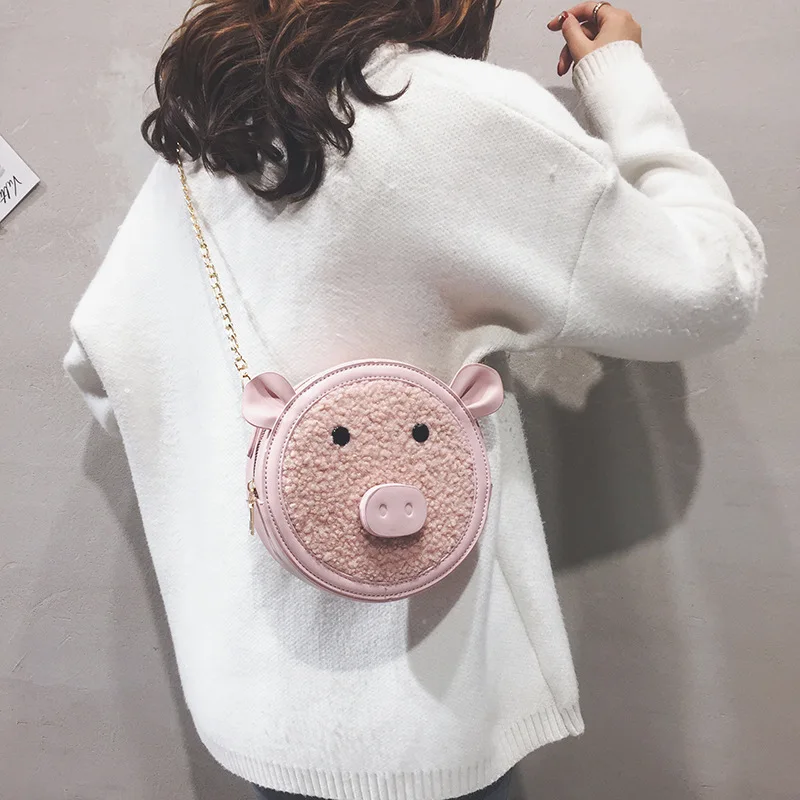 

INS Super Fire Bag Women's 2019 New Style Handbag Cute Cartoon Pig Years Small round Bag Plush Crossbody Bag