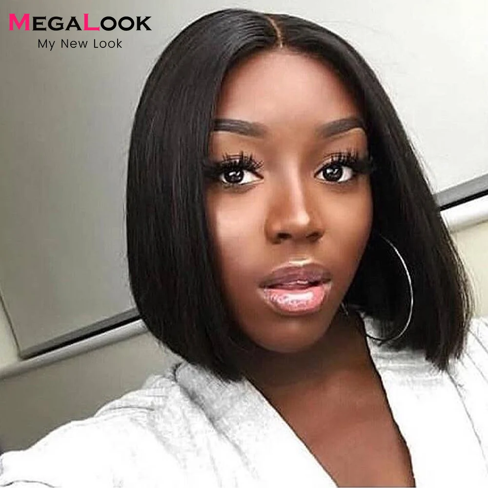 Прямой парик на шнуровке спереди боб человеческие волосы Megalook Remy Hair13X4 короткие