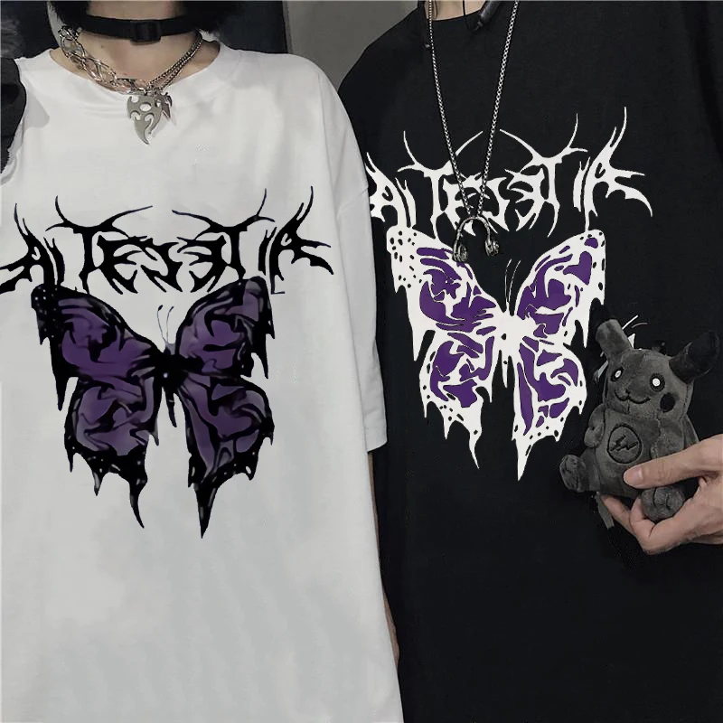 Women'S Fashion Printed T-Shirt Gothic Trend T-Shirt Summer Couple Harajuku Hip Hop O Collar Butterfly Top Loose Punk Clothing