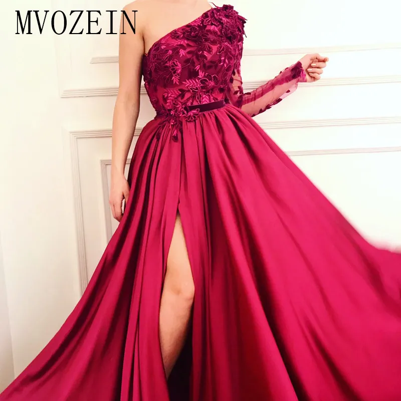 

Vestido de festa Rose Evening Dress Satin A-Line One Shoulder Sleeves Lace Appliques Evening Dresses Long Formal Gowns abendklei
