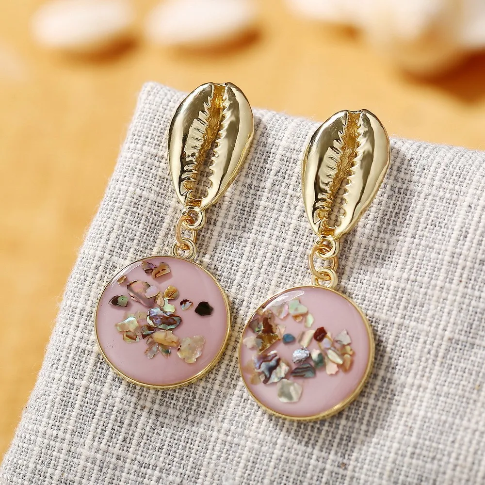 

TUKER 1 Pair Creative Retro Women Shell Earrings Stylish Round Gravel Dangle Earrings For Ladies
