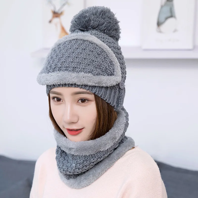 Шапка, шея, маска, шапка и шерстяная шапка Корейская версия милая и Милая женская вязаная шапка для сохранения тепла осенью и зимой